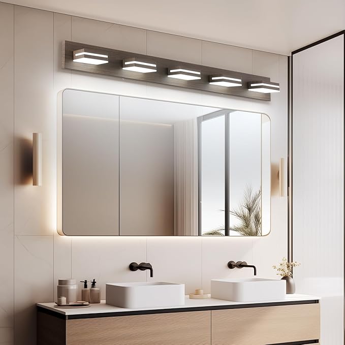 SineRise LED Modern Bathroom Vanity Light Fixtures (5-Light, 40-Inch), Brown Wood Painted Modern Acrylic Bathroom Wall Lighting Fixtures Over Mirror (Cool White 6000K)