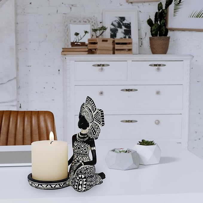 African Lady Figurine Candle Holder with African Tribal Totem for Wedding,Church,Holiday Decor-African Decorative Women Statues, Candlestick Holder for Home and Table Decor(754-Black)