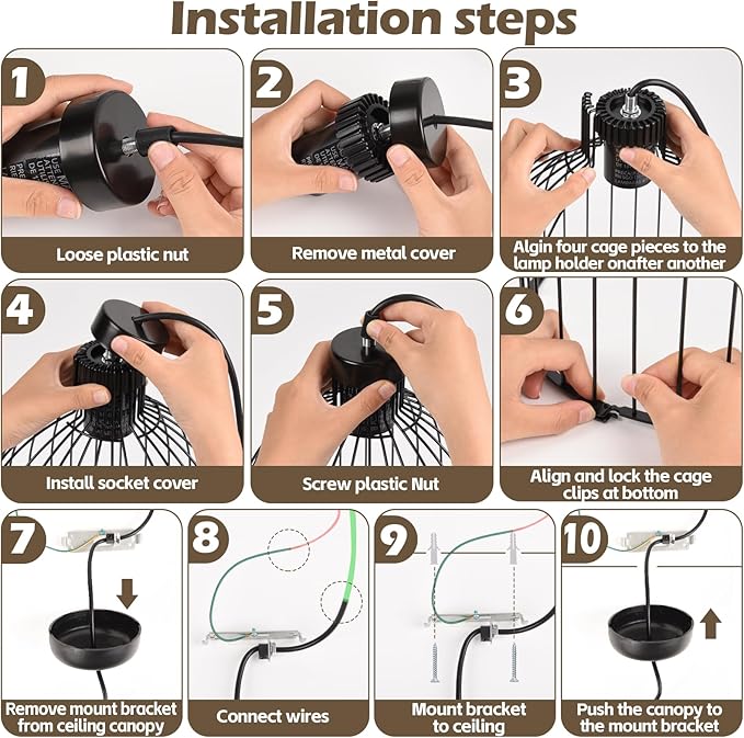 Black Decorative Birdcage Industrial Chandelier – Modern Metal Cage Pendant Light Fixture, E26 Base (No Bulb), Assembly Required, for Living Room, Kitchen, Dining Room, Bedroom, Farmhouse, Bar, Café