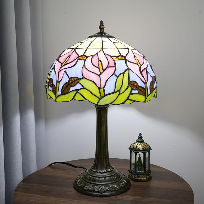 Tiffany Lamp 12 Inch Blue Pink Calla Lily Victorian Stained Glass Table Lamp Antique Bedside Reading Lamp For Bedroom Nightstand Office Light Dorm Room Decor Tiffany Style Retro Home Decoration Gifts
