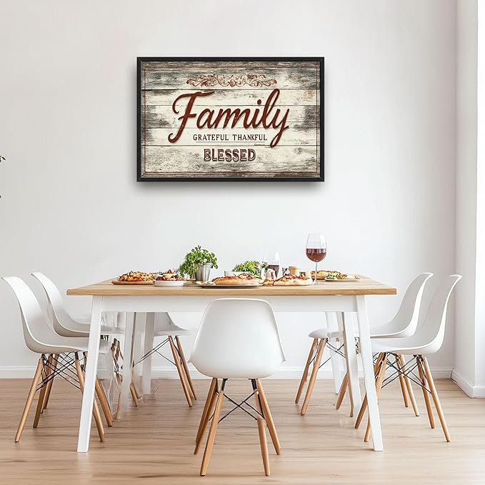 Large Family Wall Art Family Word Sign Pictures Wall Decor Home Quotes Grateful Thankful Blessed Canvas Painting Print Artwork Framed for Living Room Bathroom Master Bedroom 36L" x 24W"