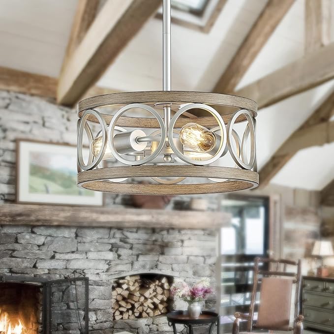 XINGQI 13" Rustic Drum Pendant Lighting Fixture Modern Chandelier 3-Light Height Adjustable Ceiling Lamp for Dining Room Kitchen Island Living Room Bedroom Foyer Hallway, Brushed Nickel