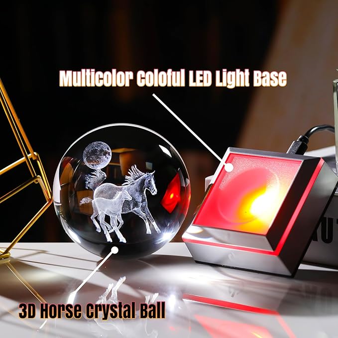 Ornalrist 3D Crystal Ball Engraved Mom and Baby Horse with Multicolor LED Light Base - Horse Lovers Gifts Home Decor