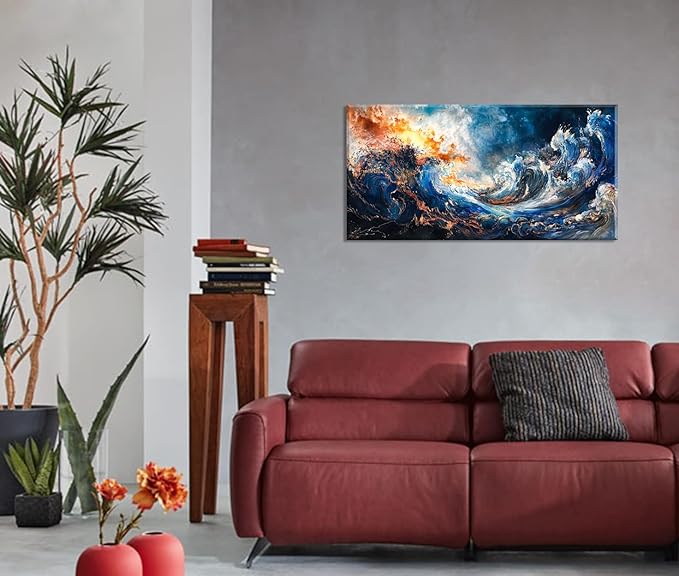 ZESTFLICKR Wall Art of Ocean Wave Abstract Canvas Blue Print Modern Artwork Pictures Magnificent for Living Room Bedroom Home Office Kitchen Decor (20x40 inches)