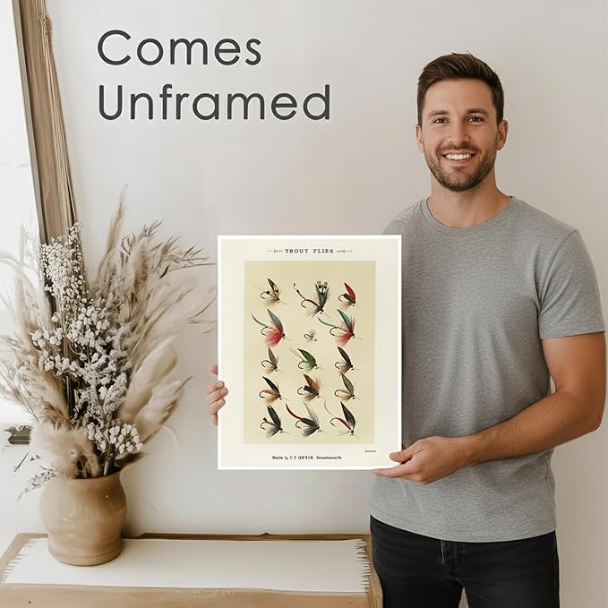 Vintage Fly Fishing Art Prints (Set of 4) - Unframed - 11x14 | Great Gift for Fisherman - Reproductions of Vintage Fishing Lure Drawings - Rustic Decor