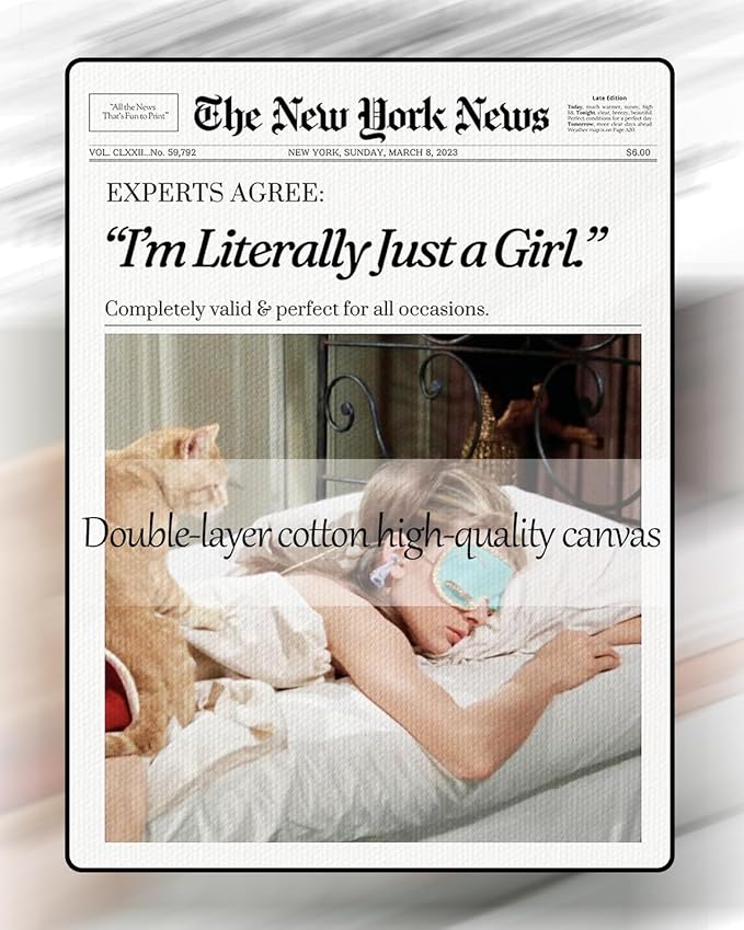 Trendy Newspaper Style Wall Art 8x10, Audrey Hepburn Magazine I'm Literally Just a Girl Canvas Wall Art Home Decor Aesthetic Prints Painting Retro Set of 1 for Bedroom Dorm Decor Ready to Hang