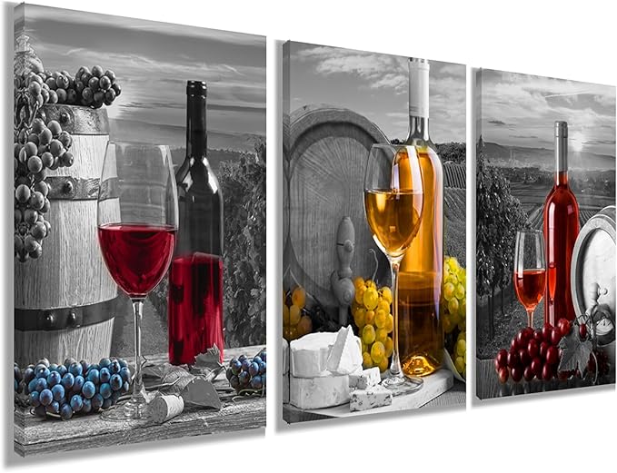 Wine Fruit Wall Art Kitchen Decor - Red Wine Cups and Grape Barrel Canvas Artwork Modern Pictures Paintings Ready to Hang