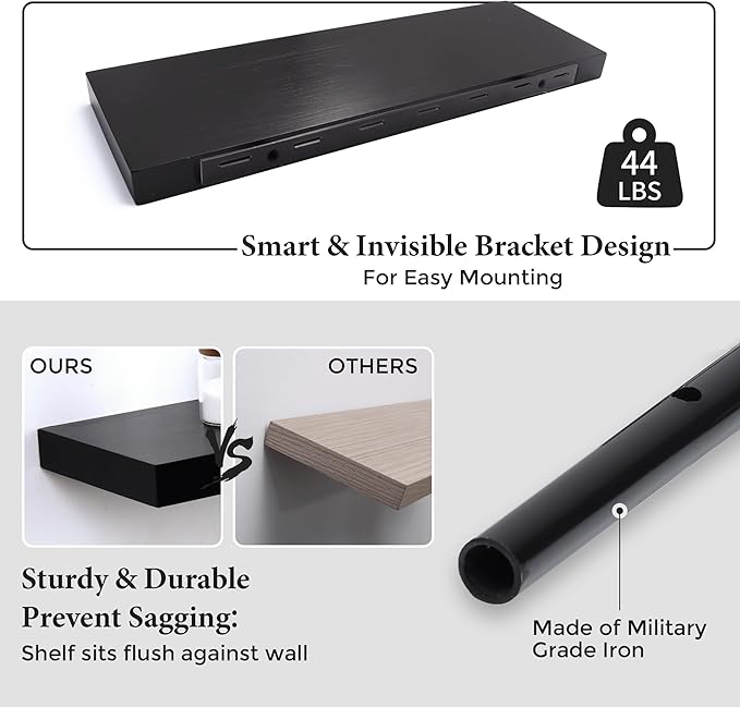 Axeman Floating Shelves, 2 Pack 8 Inch Deep Modern Solid Wood Wall Shelves for Storage, Wall Mounted Display Shelving with Invisible Heavy-Duty Metal Bracket, 24" W x 8" D x 1.6" H, Distressed Black