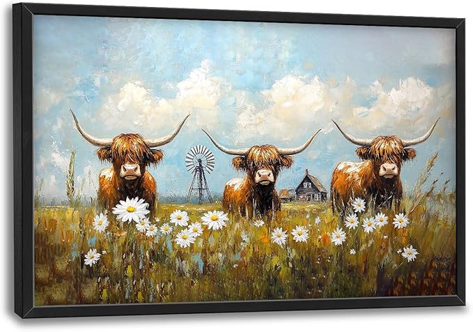 Flintis Large Highland Cow Barn Framed Wall Art Farmhouse Highland Cattle Daisy Pictures Wall Decor Abstract Canvas Painting Print Artworks Framed for Living Room Bathroom Master Bedroom 36L X 24W