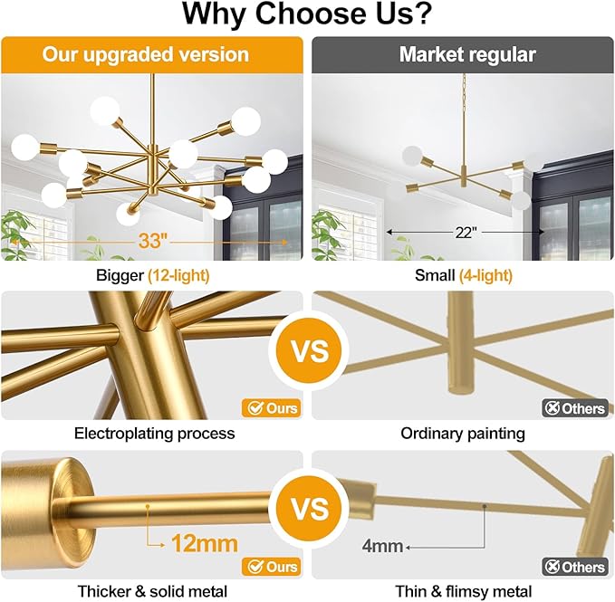 33" Modern Chandelier Ceiling Light Fixture, 12-Light Sputnik Chandeliers Brushed Gold Mid Century Chandelier Over Table, Height Adjustable Chandeliers for Dining Room Living Room Kitchen Island
