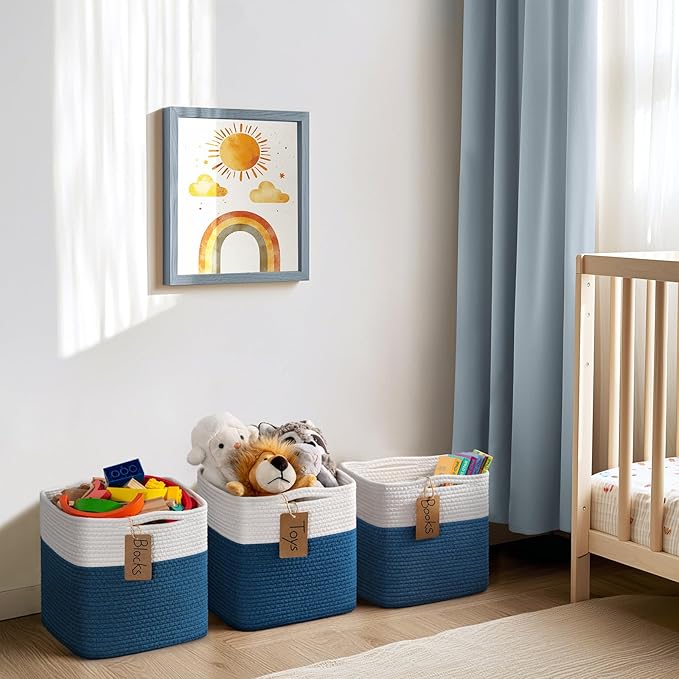 INDRESSME 11x11 Cube Storage Bins, 3-Pack Woven Baskets for Shelves Kids Toy Bins Bathroom and Playroom Basket Organizer, Nursery Laundry Basket, White & Blue