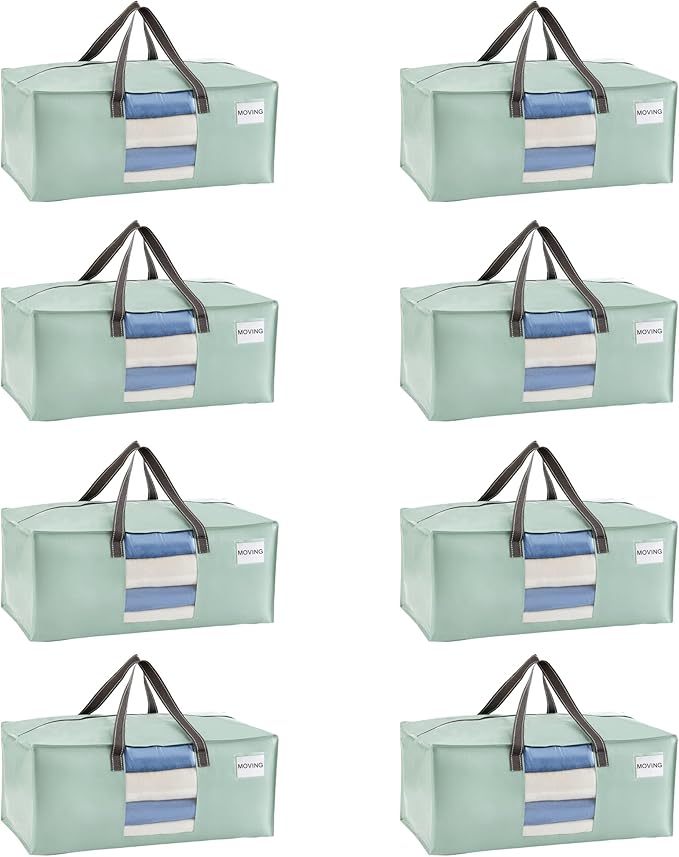 VENO 8 Pack Moving Bags for College, Heavy-Duty Storage Totes, Moving Boxes and Wardrobe Packing Supplies Alternative - Extra Large Durable Laundry Bags for Clothes (Shiny Light Green, 8 Pack)