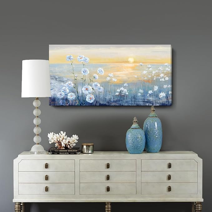Blue Ocean Sunset Canvas Wall Art for Living Room Abstract Seascape Painting Coastal Beach Wildflowers Picture Natural Sea Landscape Print Sunrise With Yellow Orange Sky Seaside Artwork 20x40inch