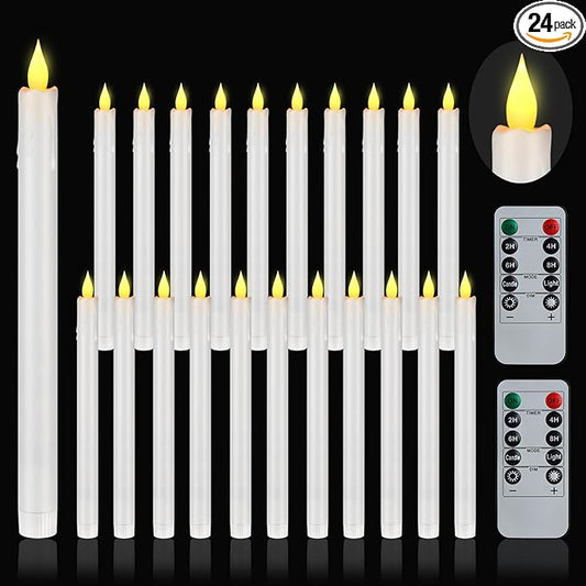 Flameless Taper Candles 10.6" Dripless Battery Operated Taper Candles Included Remote Timer 400+ Hours by 2AA Batteries for Halloween Christmas Wedding (White, 24 Pack)
