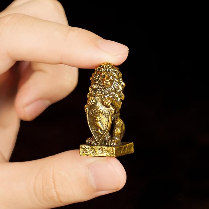 CHOVY Retro Handcrafted Guardian Lion Sculpture - 100% Solid Brass Majestic Lion Holding Ornate Shield Vintage Style Collectible Art Piece for Home & Office | Unique Gift for Mythology Lovers