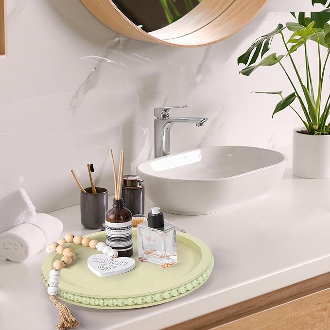 HPC Decor 12in Round Mint Green Wood Beaded Tray - Decorative Living Room, Coffee Table, Kitchen Table, Dining Room or Farmhouse Serving Tray