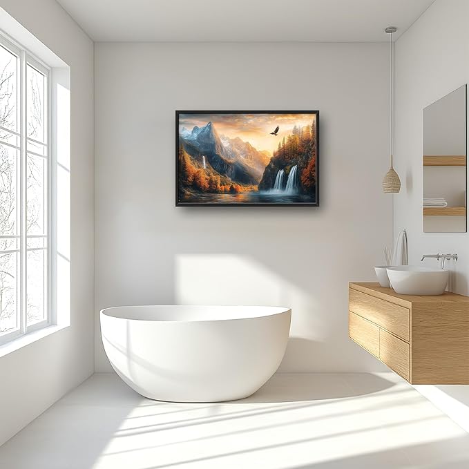 Framed Large Wall Art for Living Room, Mountain Waterfall Canvas Wall Decor, Sunset Forest Tree Pictures Painting, Modern Artwork for Bedroom Office 36L'' × 24W''