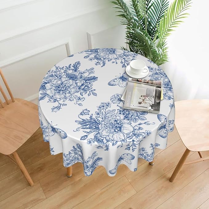 Spring Floral Tablecloth Round 60 Inch Ruitic Butterfly Table Cloth Waterproof Fabric Farmhouse Blue White Flower Tablecloths Decorative for Holiday Home Party Wedding Picnic