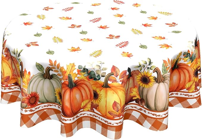 Kawani Fall Round Tablecloth 60 Inch Autumn Harvest Pumpkin Tablecloth Round Farmhouse Rustic Orange Maple Leaf Table Cover Thanksgiving Print Decorative Table Cloth for Home Kitchen Dining Party
