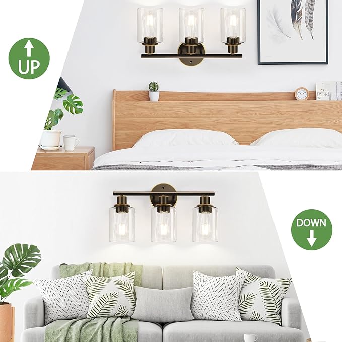 3-Light Bathroom Light Fixtures, Brown and Gold Bathroom Wall Lights, Modern Vanity Light with Clear Glass Shade, Bathroom Wall Lamp for Mirror Hallway Cabinet