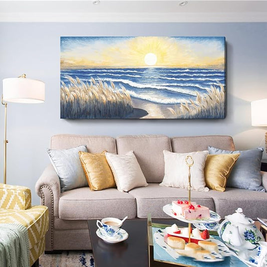Large Canvas Wall Art for Living Room Blue Ocean Beach Sunset Sea Waves Nature Landscape Seascape Painting Seaside Reeds Pictures Seashore Coastal Serene Artwork for Home Lake Bedroom Office 60x30inch