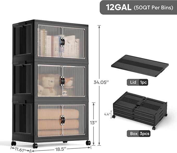 Jalove 50QT Plastic Storage Bins with lids, Stackable Collapsible Storage Containers with Wheels, Closet Organizer and Storage Drawers, Clothes Storage Cabinet for Home Office Garage, 3 Pack Black