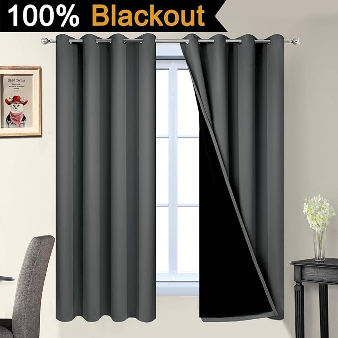 Yakamok 63 Inches Long Dark Gray 100% Blackout Curtains, Noise Reducing Window Drapes,Room Darkening Curtain Panels with Black Liners for Bedroom(Dark Grey, 2 Panels, 52W x 63L)