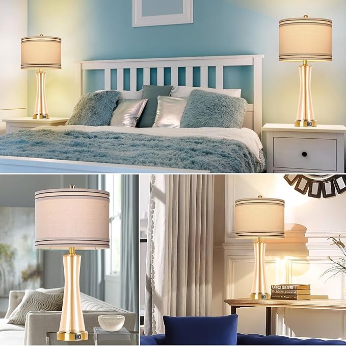 27.4''Table Lamps for Living Room Set of 2，3-Way Dimmable Modern Glass Bedside Lamps with USB Ports，Tall Lamps for Night Stands，Touch End Table Lamps for Bedroom Desk Lamps for Home Office（Glod）