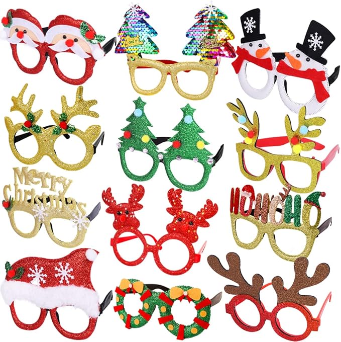 Max Fun 12Pcs Christmas Glasses Glitter Holiday Party Glasses Frames Christmas Decoration Accessories Costume Eyeglasses for Christmas Parties Holiday Favors (One Size Fits All)