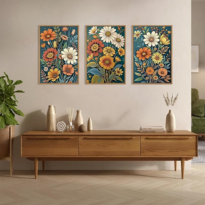 HOURIA Retro Boho Flower Framed Canvas Wall Art Set,Colorful Wilderness Floral with Green Leaves Wall Decor,Nature Botanical Wall Painting,Vintage Bouquet Art Prints for Living Room, Bedroom-24"x36"x3
