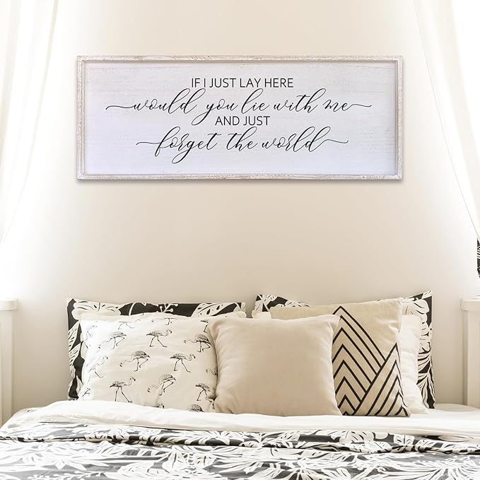 Surfapans If I Lay Here Would You Lie With Me Wall Decor Sign 40”X15” Master Room Bedroom Above Bed Large Farmhouse Inspirational Quotes Minimalist Wood Framed Over Bed Wall Art Decoration (White)