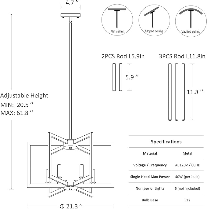 6-Light Modern Farmhouse Antique White Chandelier Light Fixture, French Country Chandeliers for Dining Room, Vintage Metal Geometric Pendant Lighting for Kitchen Island Living Room Entryway
