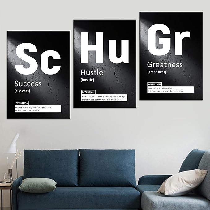 Greatness Hustle Success Inspirational 3 Pieces Posters Print Wall Art Home Decor Positive Sign Picture Painting Artwork for Living Room Gym Workplace Office Stretched and Framed [60''Wx28''H]