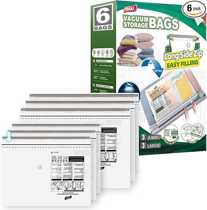 TAILI 6 Pack Vacuum Storage Bags, Combo(3 Large+3 Jumbo), Space Saver for Bedding, Blankets, Pillows, Clothes, LONG SIDE ZIP Vacuum Seal Bags for Clothing Ideal Under Bed Storage Solution