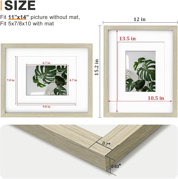 Egofine 11x14 Picture Frames Set of 4, Made of Solid Wood Covered by Plexiglass 5x7 and 8x10 with Mat or 11x14 without Mat, for Table Top Display and Wall Mounting Photo Frame Distressed Wood Grain
