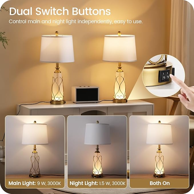 25.6" Glass Gold Table Lamps Set of 2, Tall Bedside Lamps with Nightlight, Modern Nightstand Lamp with USB Ports, Desk Lamp for Bedroom, Living Room, Office, LED Bulbs Included W02TL05