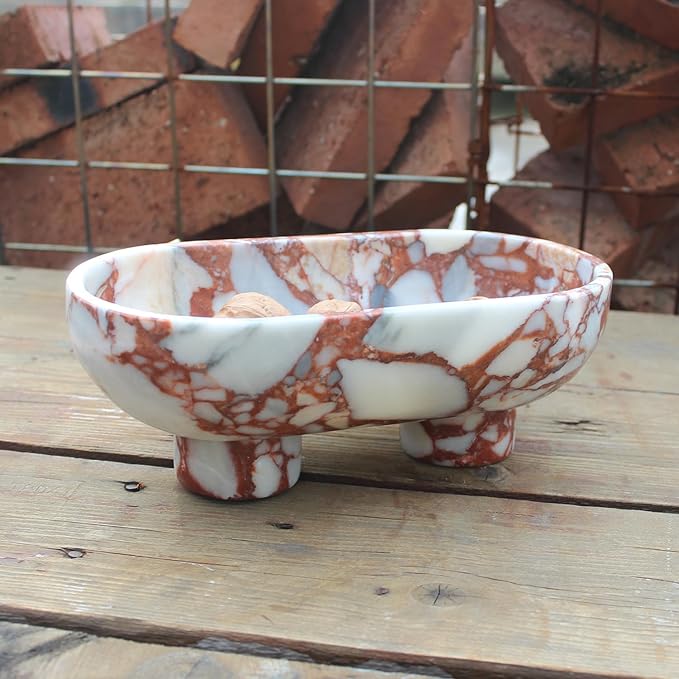 Natural Oval Calacatta Red Marble Fruit Bowl for Kitchen Counter 10", Large Decorative Bowl Two-Legs for Home Decor, Fruits Holder For Dining Table - Kitchen Organization