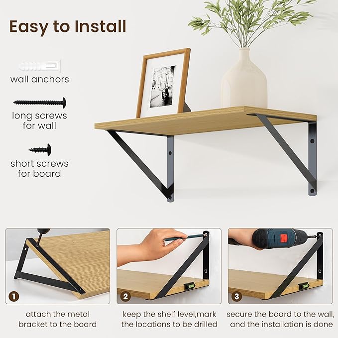 Fun Memories Deep Floating Shelves for Wall, 16W x 8D Wall Mounted Shelves Set of 2, Wide Display Ledge Shelf with Sturdy Metal Brackets for Living Room, Bathroom, Bedroom and Kitchen, Oak