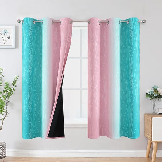 Estelar Textiler Pink and Teal Blackout Curtains for Living Room, Full Room Darkening Grommet Ombre Curtains for Bedroom, Thermal Insulated Light Blocking Gradient Drapes, 42Wx63L, 2 Panels