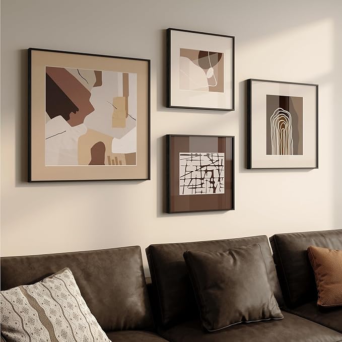 Framed Neutral Abstract Wall Art for Living Room, 4 Piece Earth Tone Modern Art Prints Paintings Artwork for Walls, Minimalist Brown Abstract Pictures for Hallway Dining Room Bedroom Office Wall Decor