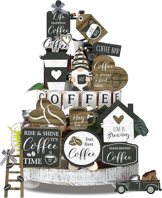 Yaomiao 21 Pcs Coffee Tiered Tray Decor Set Wooden Coffee Bar Decor Rustic Farmhouse Bar Decorations Wooden Table Sign Ornament for Table Kitchen Station Tray Shelf