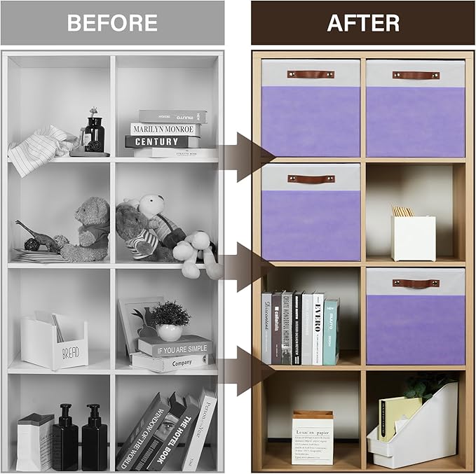 Temary Foldable Cube Baskets 4Pack - Clothes Shelf Storage with Handles, Fabric Storage Organizer Bins (White&Purple, 13x15x13 Inch)