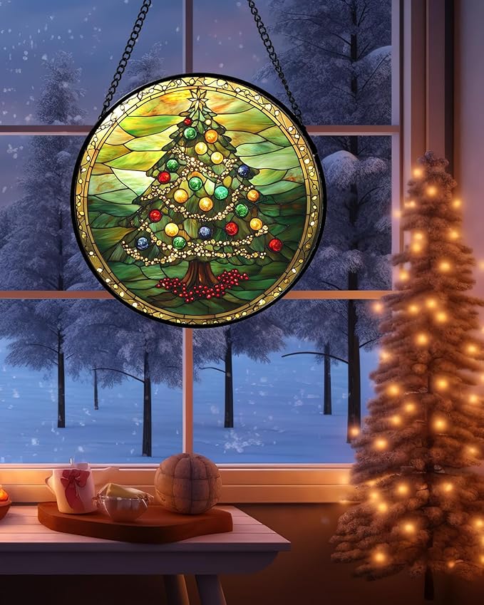 Stained Glass Window Hanging - Green Christmas Tree Gold Ribbon Suncatcher for Doors Home Christmas Decoration Sun Catcher Thanksgiving New Year Birthday Gifts for Women Men Mom Nana 15 in