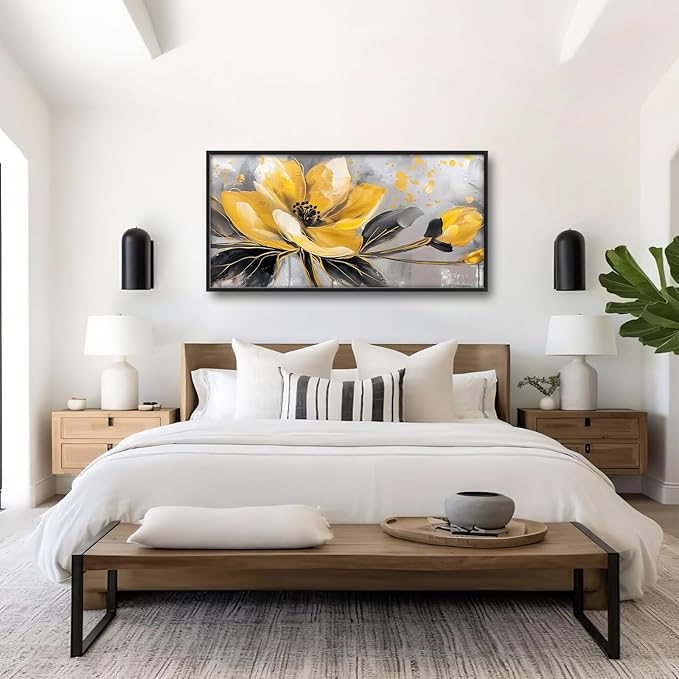 Framed Large Wall Art for Living Room, Yellow Floral Canvas Wall Decor, Gold Flower Pictures Painting, Natural Landscape Artwork for Living Room Bedroom Office 60L'' × 30W''