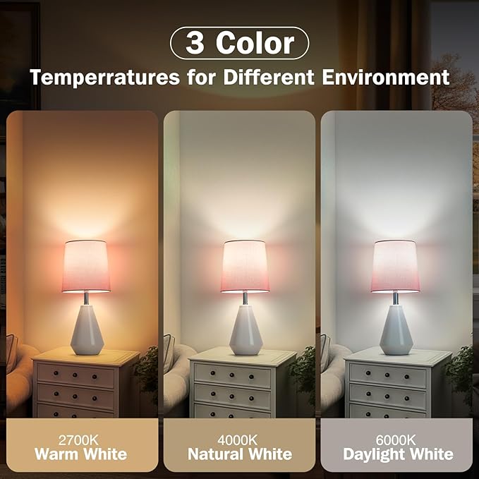 Small Bedside Table Lamp for Bedroom - Reading Desk Lamp with 3 Color Temperatures，15.5" Nightstand Ceramic Lamp with Fabric Shade for Kids Room,Living Room,Dorm,Home Office (White+Pink