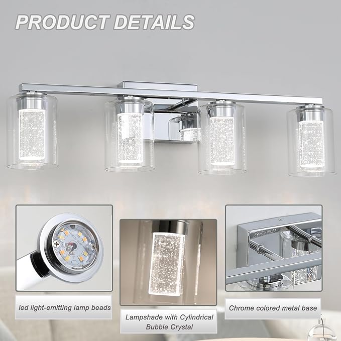 4 Light Chrome Bathroom Light Fixture, Dimmable 5CCT Chromes Bathroom Vanity Lights, 2700K-6500K Modern Crystal Bubble LED Wall Sconce Over Mirror with Clear Glass for Bedroom, Living Room