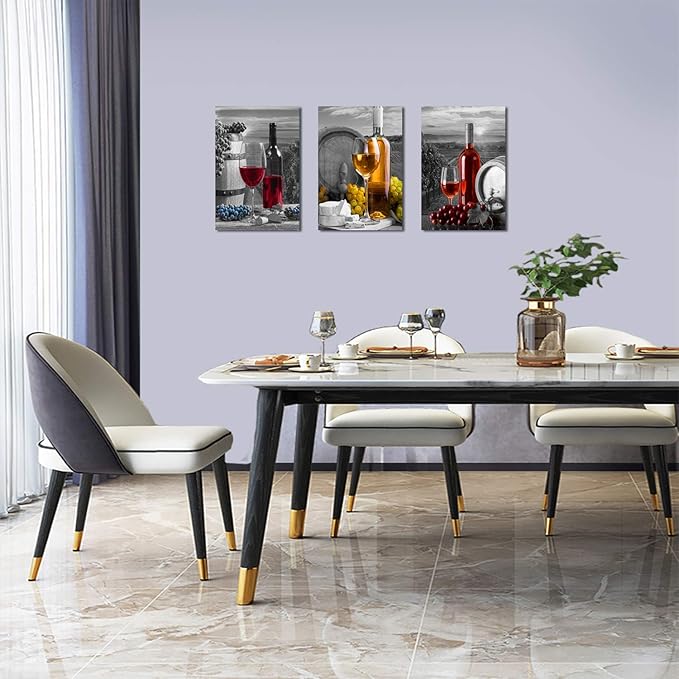 Wine Fruit Wall Art Kitchen Decor - Red Wine Cups and Grape Barrel Canvas Artwork Modern Pictures Paintings Ready to Hang