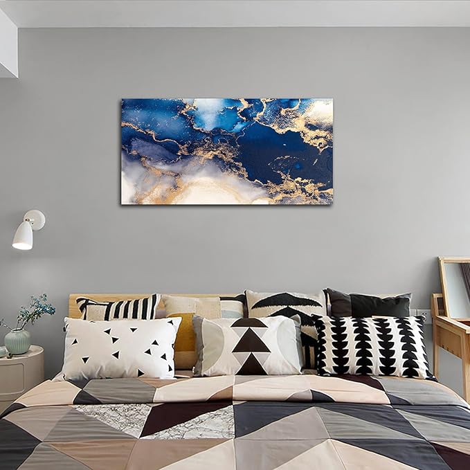 NINEASO Blue Quasi-Gold Wall Art - Deep Blue Ocean Pictures for Home Decor Modern Elegance Canvas Print Wall Decor Vast Ocean from Above Abstract Artwork for Living Room Bedroom 20" x 40"