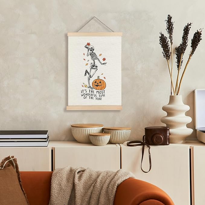 Supwhd Funny Halloween Skeleton Pumpkin Wall Art with Wooden Poster Hanger, Most Wonderful Time of the Year Halloween Wall Decor, Gothic Skull Posters Wall Art Decor, Skeleton Wall Decor, 12x16