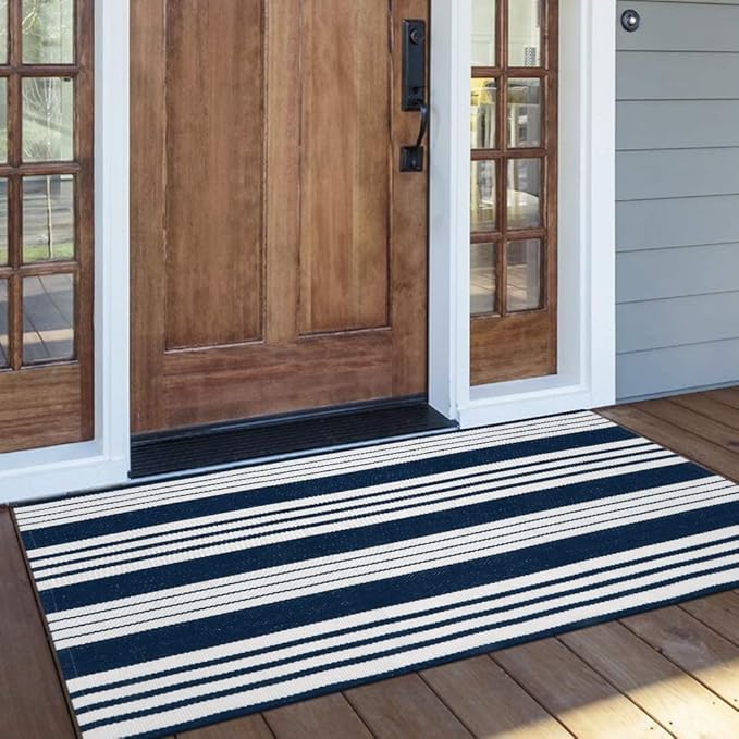 OJIA Entryway Rug 24''x51'', Machine Washable Fall Front Door Mat Cotton Woven Blue and White Outdoor Rugs Porch Rug Striped Kitchen Runner Indoor Door Mat for Farmhouse/Entry/Home Entrance